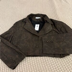 NWT WeWoreWhat Dark Brown Faux Leather Cropped Blazer